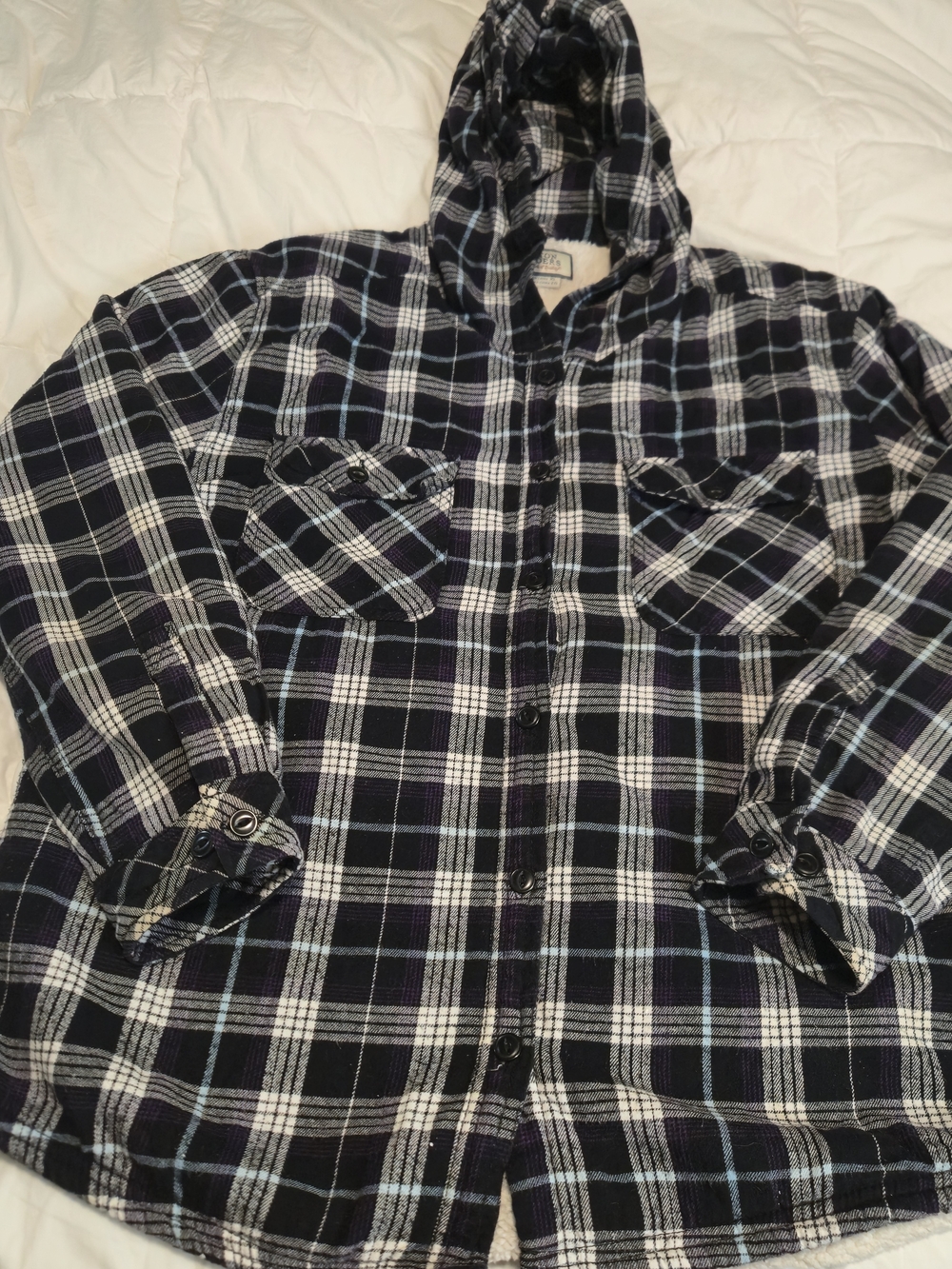 Boston Traders Black, White & Blue Womens Plaid Hooded Button-Down Shirt0862